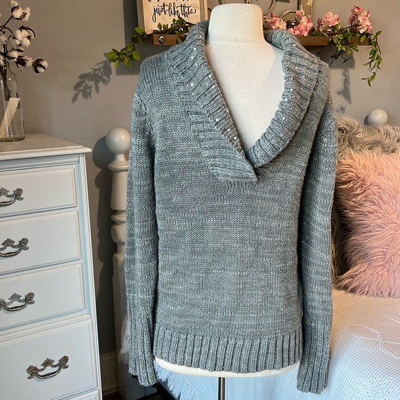 Comfy Sweater Gray Sequin Collar Plunge Neck Roomy Womens Medium - Picture 1 of 16